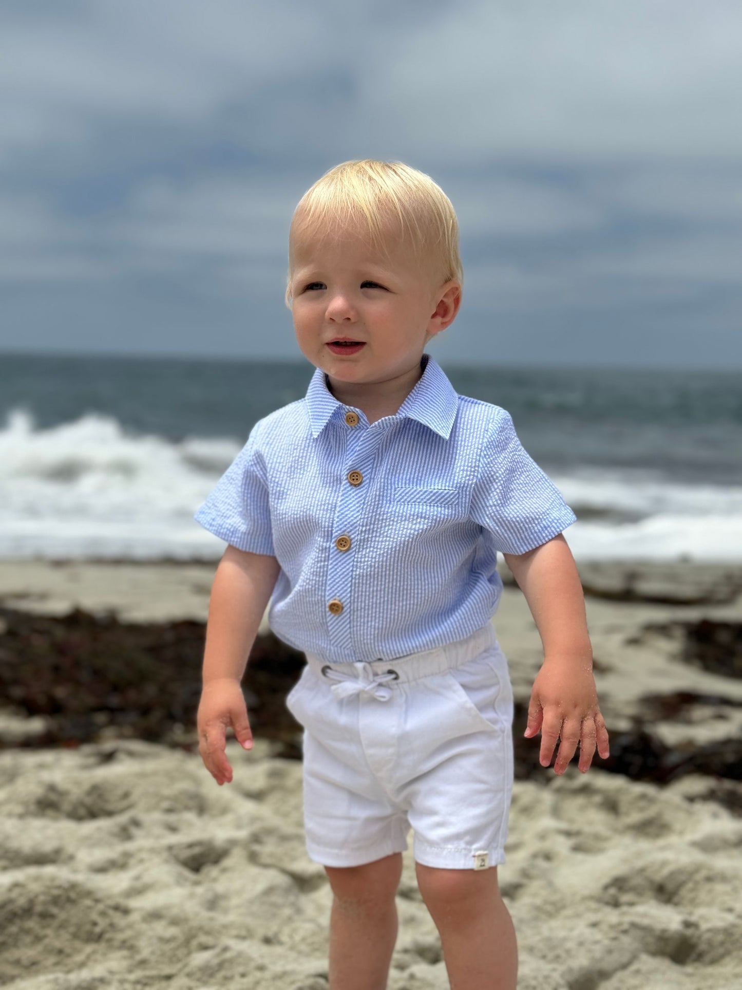 Helford Woven Onesie// Pale Blue Searsucker