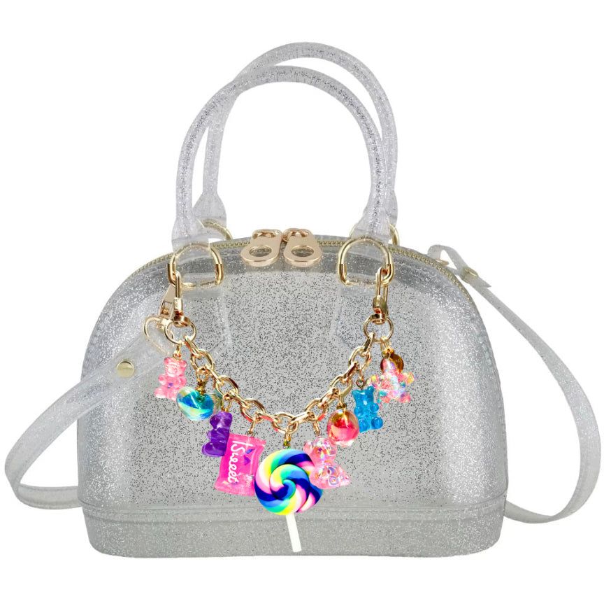 Silver glitter handbag with colorful charm chain