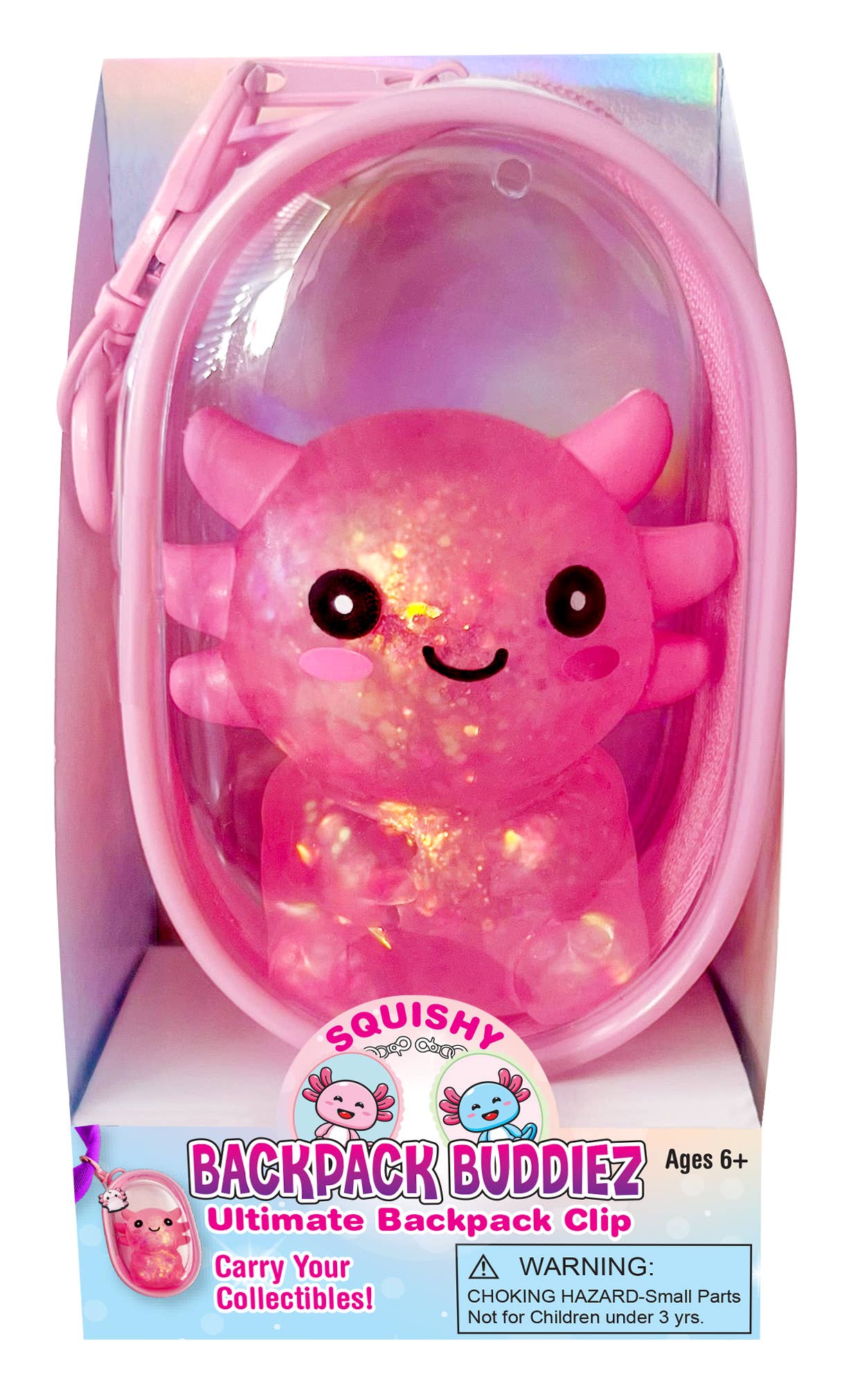 Pink backpack clip with a smiling face design in packaging, labeled 'Squishy Backpack Buddiez'.