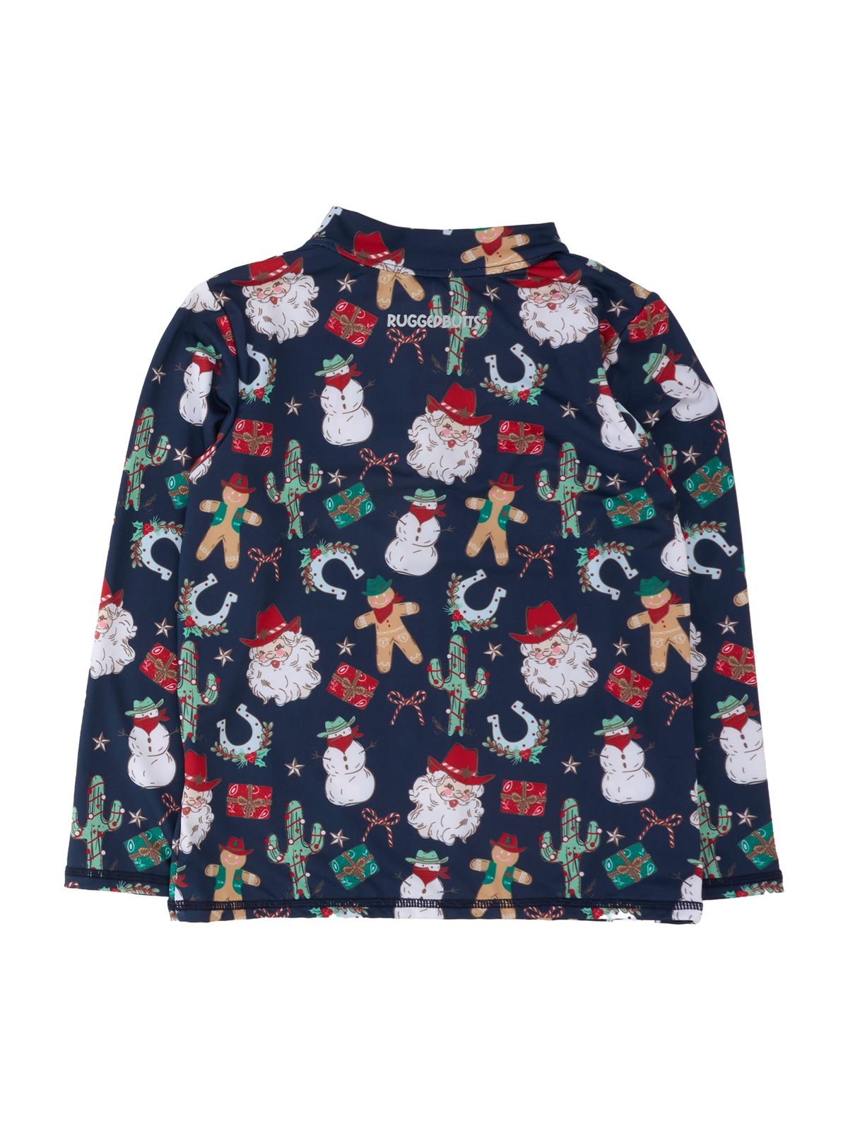 A long-sleeve children's shirt in navy blue with an all-over Christmas print featuring Santa Claus, snowmen, gingerbread men, cactus plants, and gifts, shown flat against a white background.