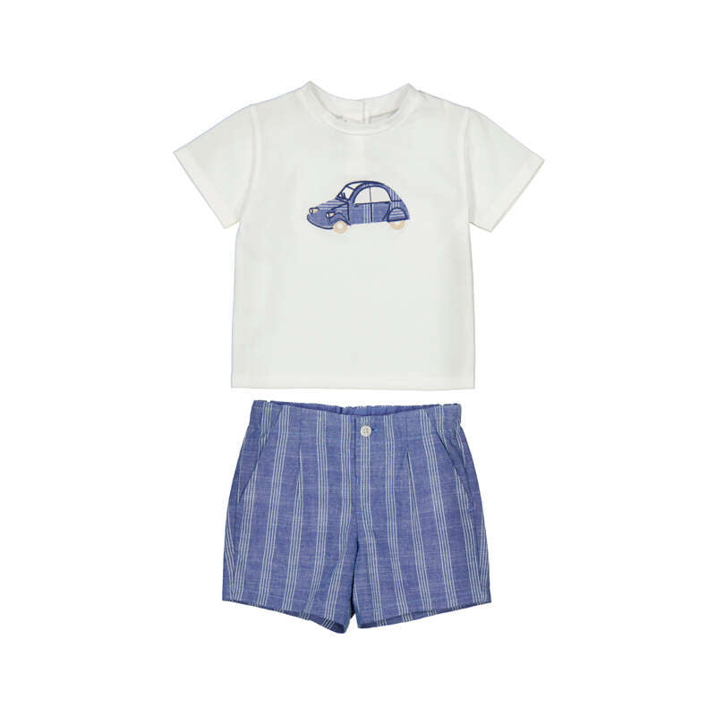 White t-shirt with blue car design and blue patterned shorts