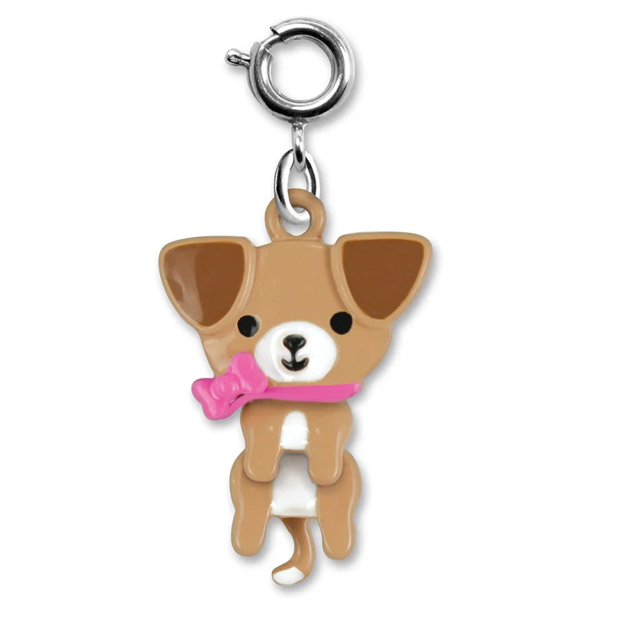 charm depicting a brown puppy with a pink collar