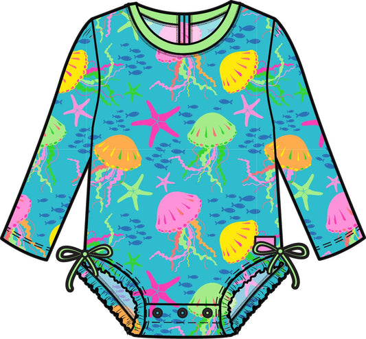 Baby Girls Neon Jelly Time Long Sleeve One Piece Rash Guard Swimsuit with Signature Rear Ruffles