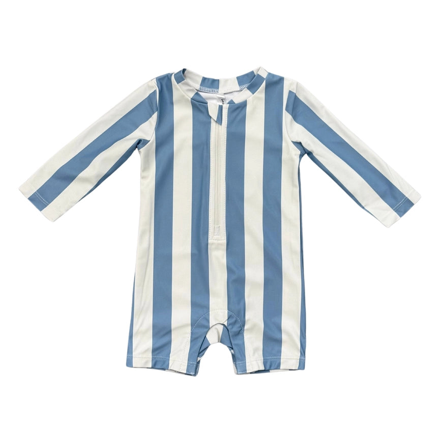 Blue and white striped baby romper on a white background