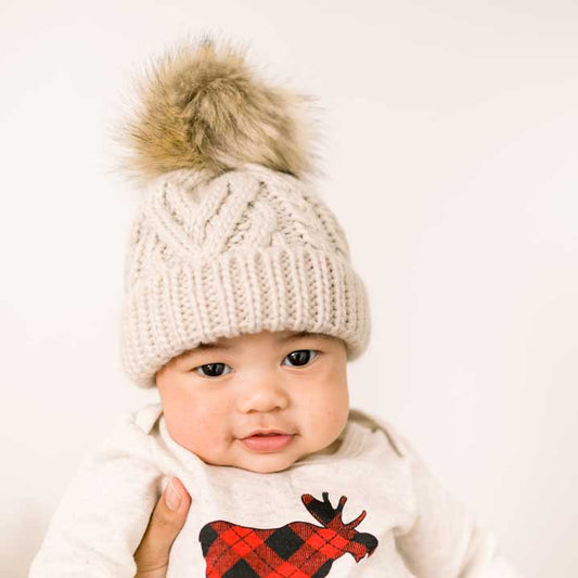 Oatmeal Pop Pom Pom Beanie Hat Baby & Kids