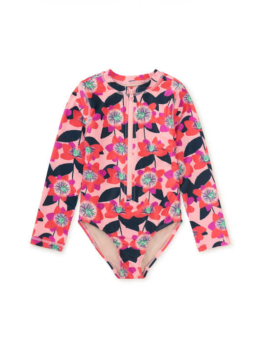 Block Print Passion Flower One Piece Rashguard Swimsuit