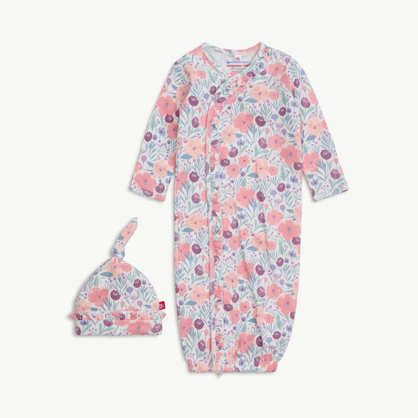 Whistledon Organic Cotton Magnetic Open Bottom Gown + Hat Set with Ruffles