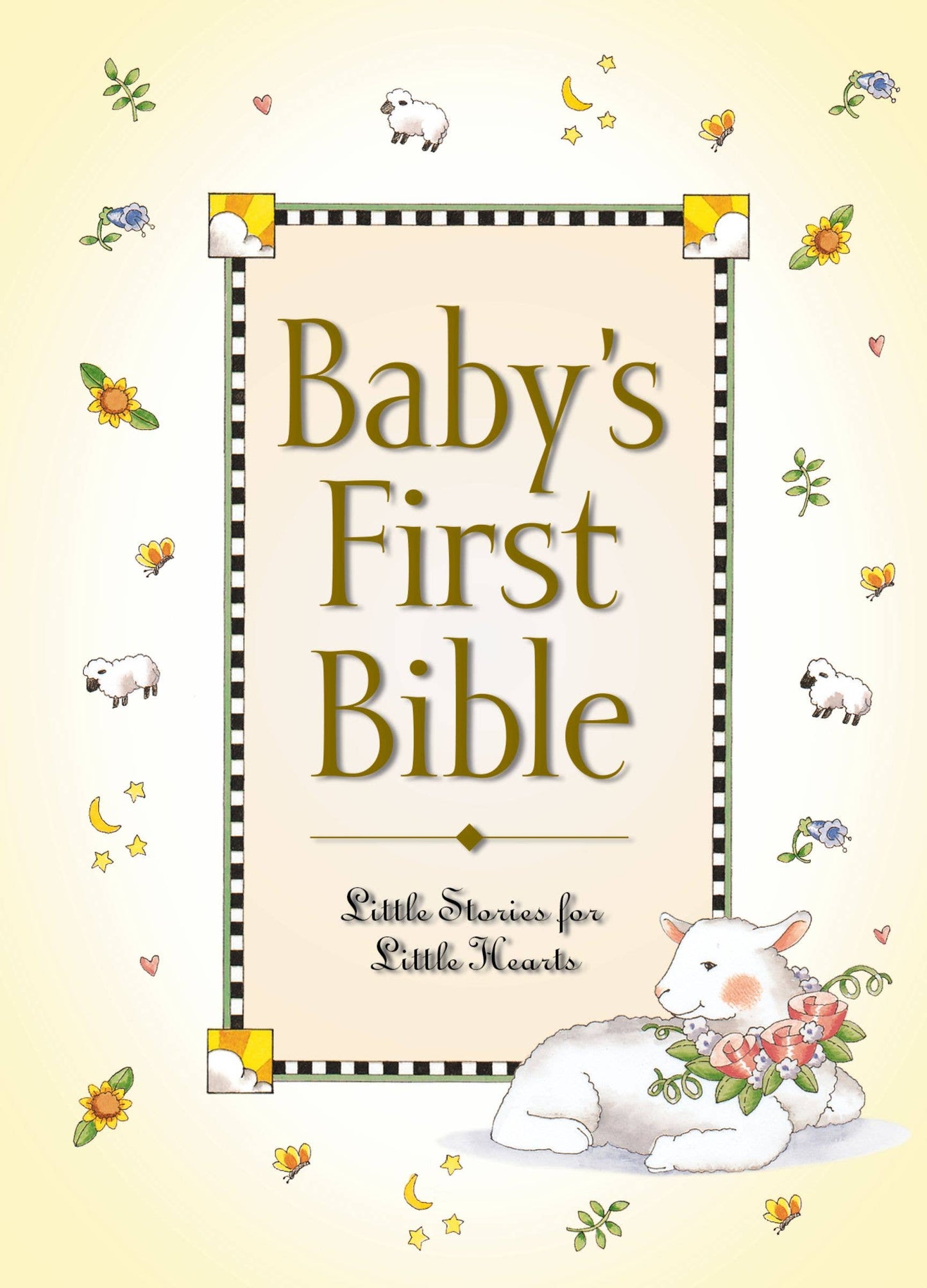 Book cover of 'Baby's First Bible' with illustrations of a lamb and flowers