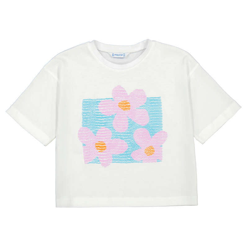 White t-shirt with pink floral design