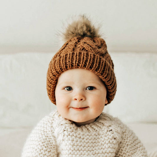 Pecan Pop Pom Pom Beanie Hat Baby & Kids