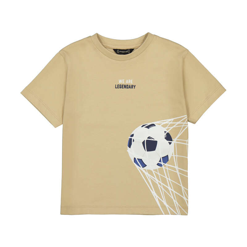Beige t-shirt with soccer ball and net graphic