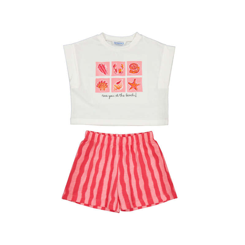 White sleeveless top with sea-themed graphics and coral striped shorts