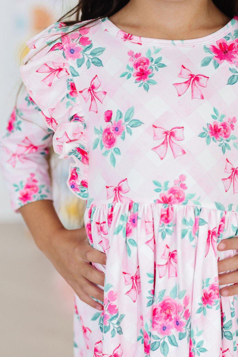 Gingham bows 3/4 Sleeve Ruffle Twirl Dress