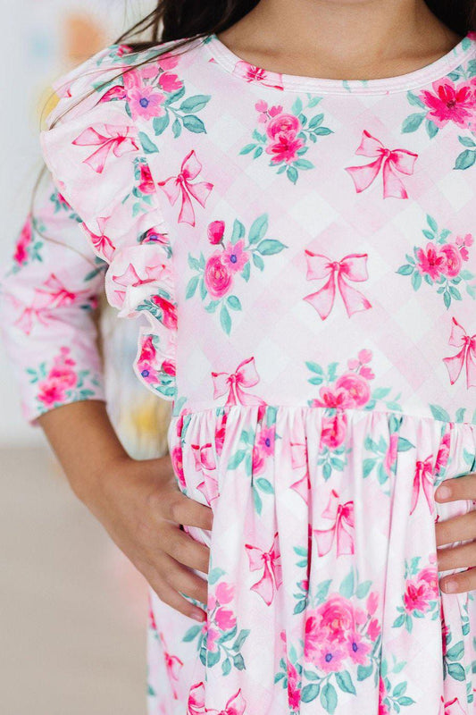 Gingham bows 3/4 Sleeve Ruffle Twirl Dress