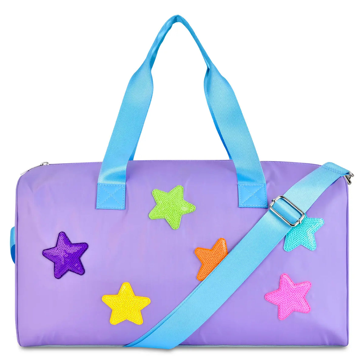 A lavender purple duffel bag with light blue handles and strap, decorated with five colorful glittery star patches in purple, green, orange, yellow, and pink, shown on a white background.