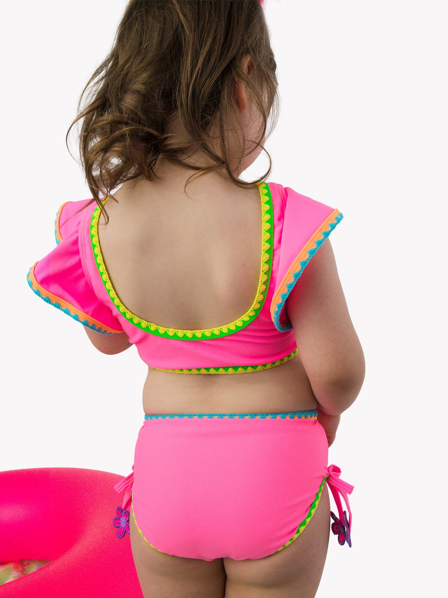 Girls Neon Pink Crochet Detail Butterfly Tankini 2-Piece Swimsuit