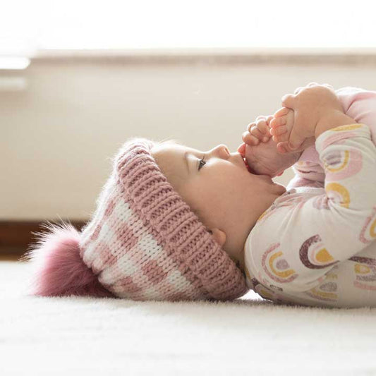 Rosy Pink Buffalo Check Pom Pom Beanie Hat Baby & Kids
