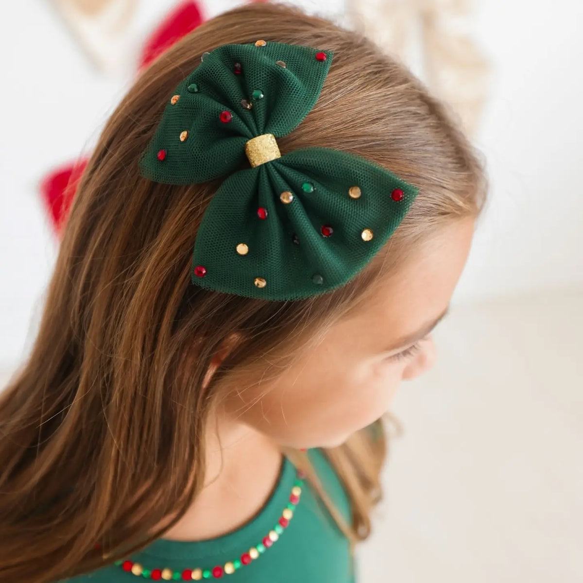 Emerald Rhinestone Tulle Bow
