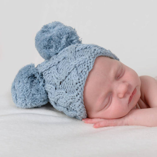 Newborn Baby Aran Chambray Double Pom Pom Beanie
