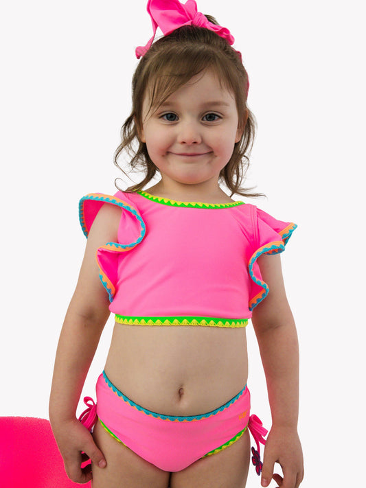 Girls Neon Pink Crochet Detail Butterfly Tankini 2-Piece Swimsuit