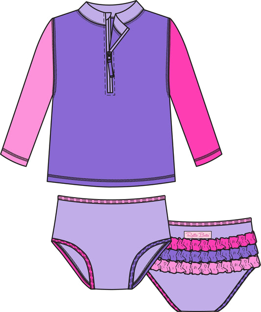 Girls Neon Purple Color Block Long Sleeve Zipper Rash Guard 2-Piece Swimsuit with Signature Rear Ruffles