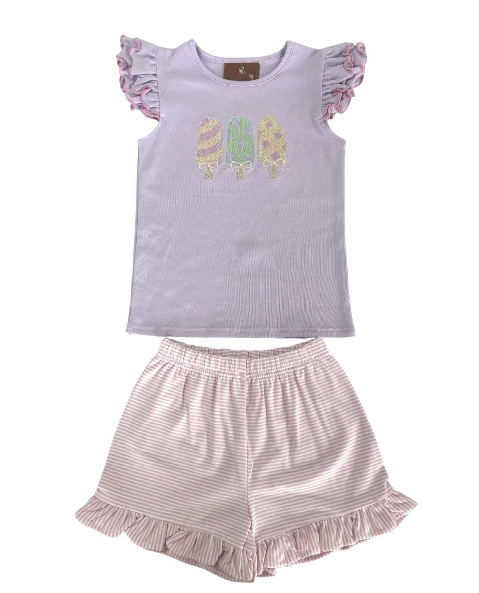 Purple Flutter sleeve with popsicle detail and coordinating pink stripe shorts