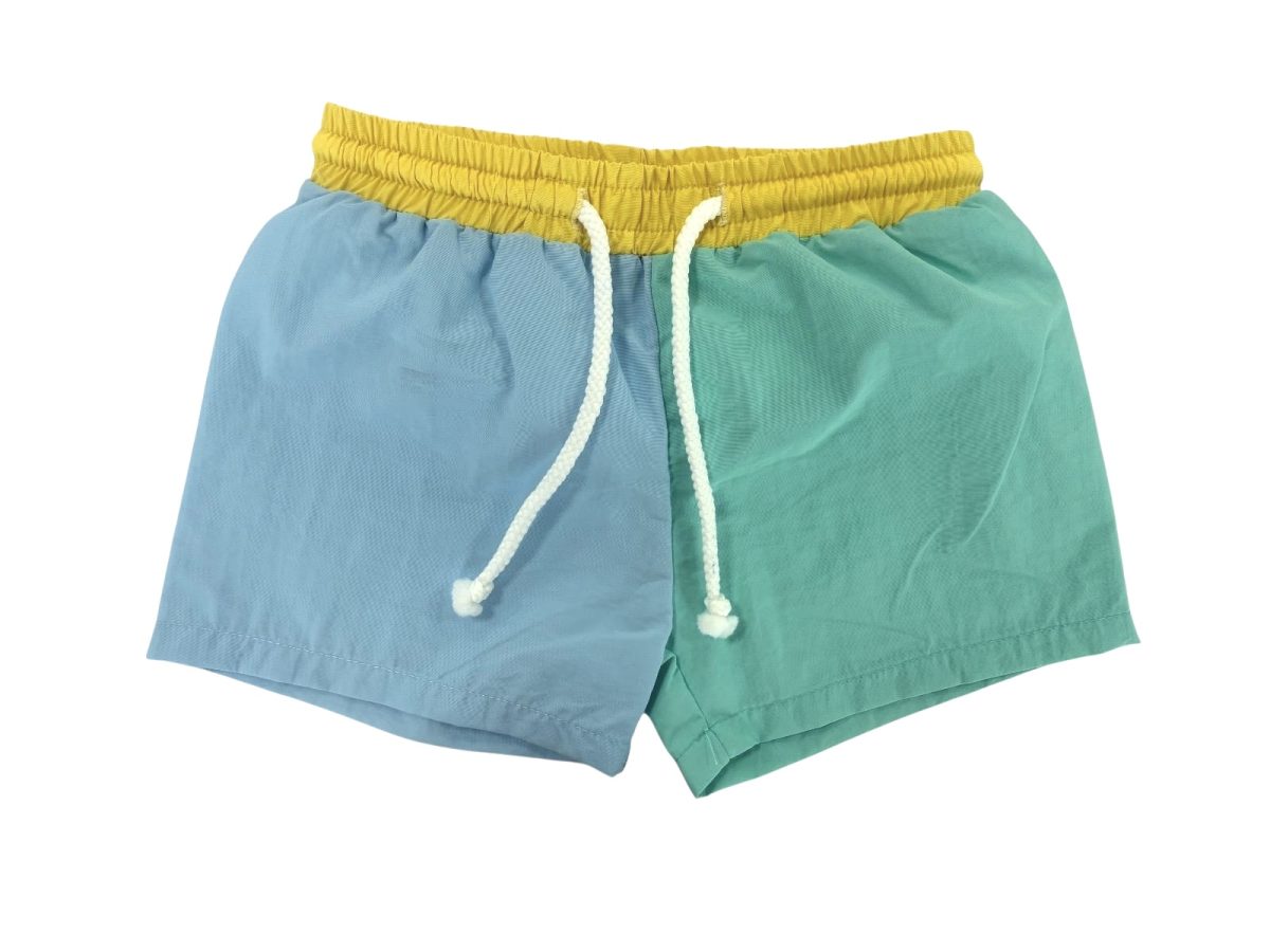 Two-tone shorts with a yellow waistband and blue and green panels