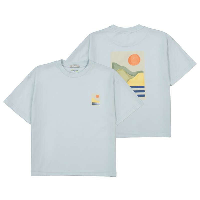 Light blue t-shirt with a graphic design on the front and back
