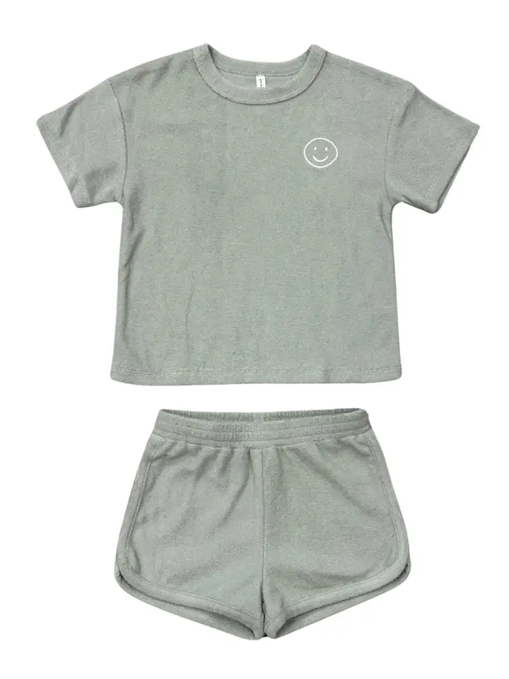 Aqua Gray t-shirt and shorts set with a smiley face logo