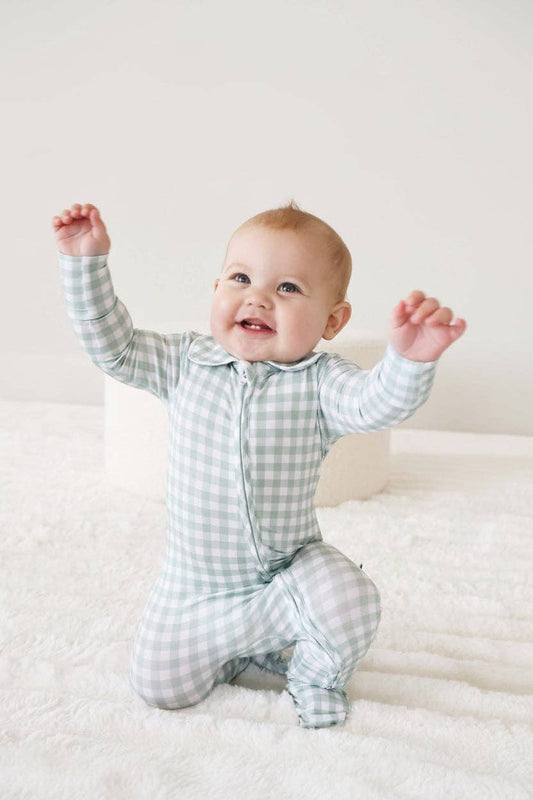 Peter Pan Collar Zipper Footie // Moss Gingham