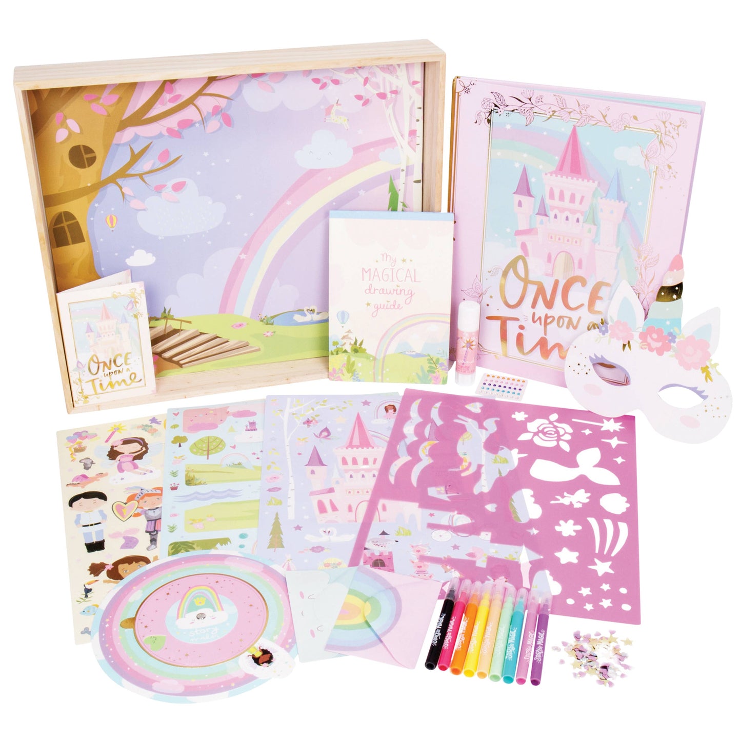 Children's craft kit with stationery items including a notebook, stickers, and markers on a white background.