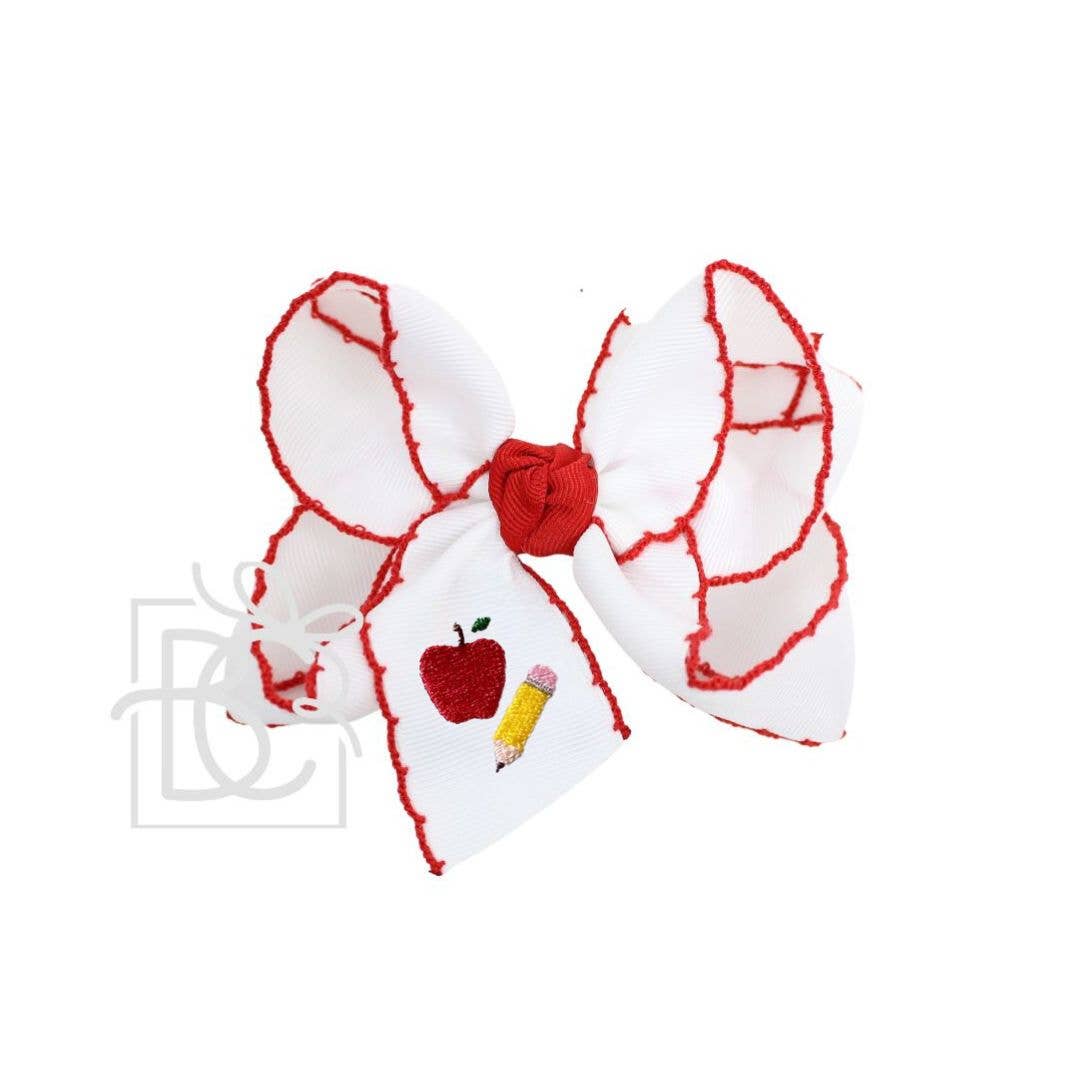 Embroidered Apple & Pencil on Crochet Edge Bow