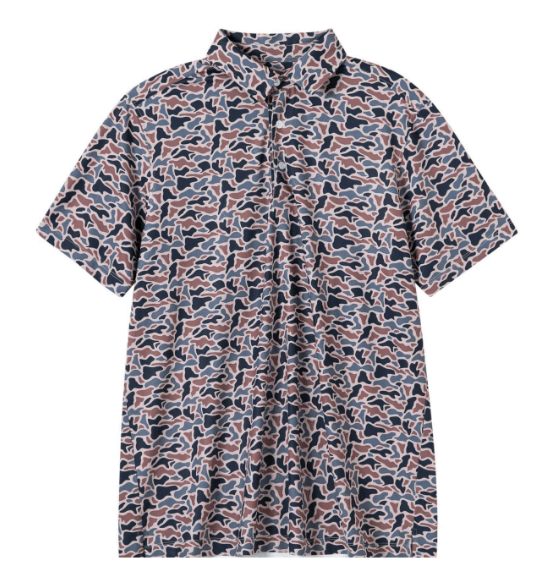 A short-sleeve button-up shirt with an all-over abstract camouflage pattern in navy blue, rust red, and off-white, shown against a plain white background.