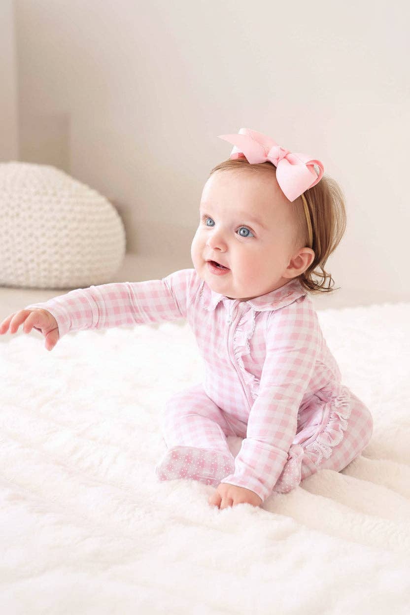 Peter Pan Collar Ruffle Zipper Footie // Rosy Gingham