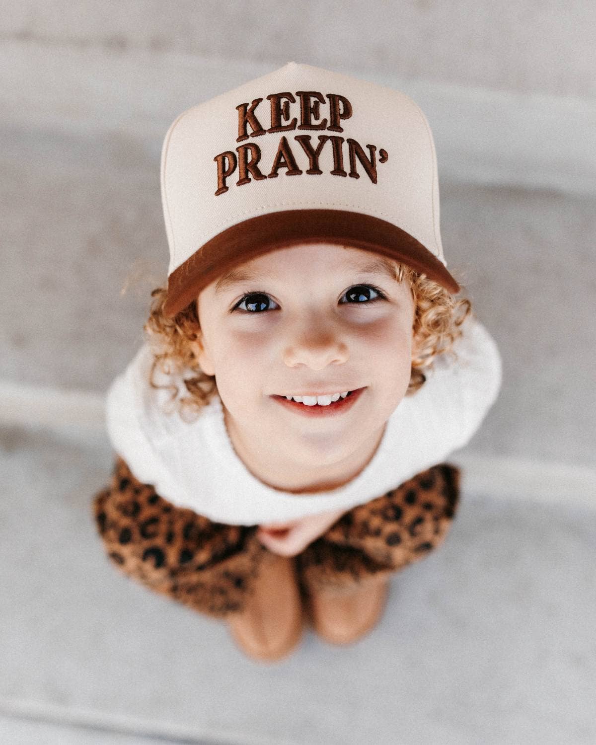 Keep Prayin' Christian KIDS Hat - Brown & Off-White