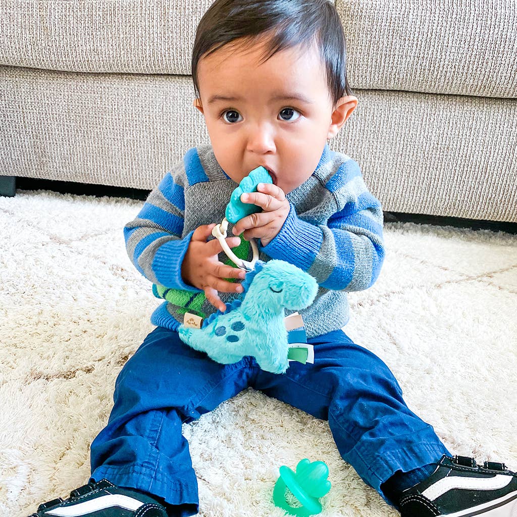 Baby teething on dino teether toy