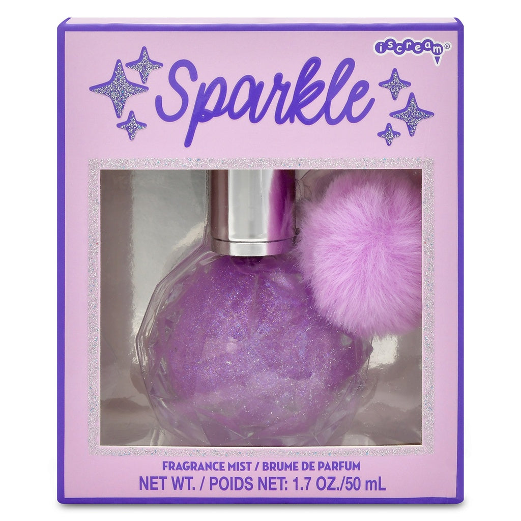 A bottle of fragrance mist with a pink furry cap