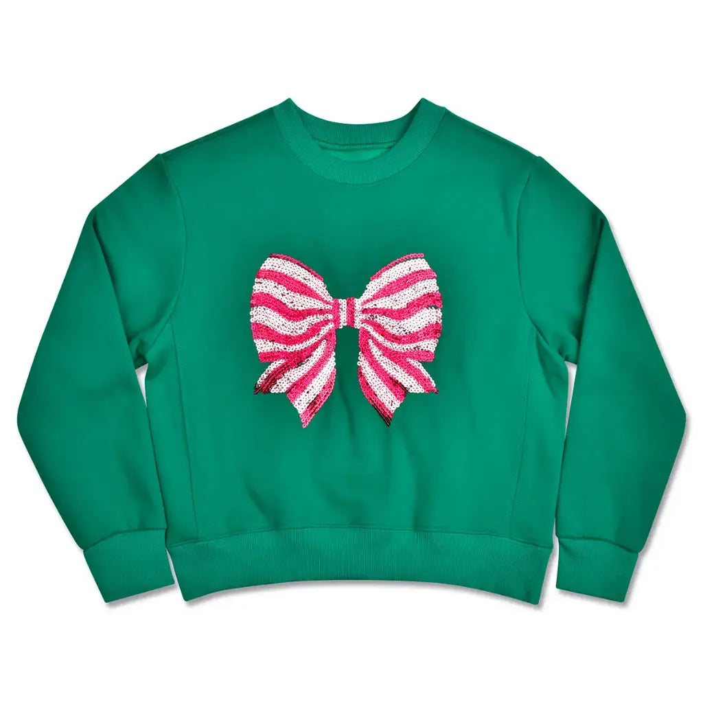 Green sweatshirt with pink/ white bow