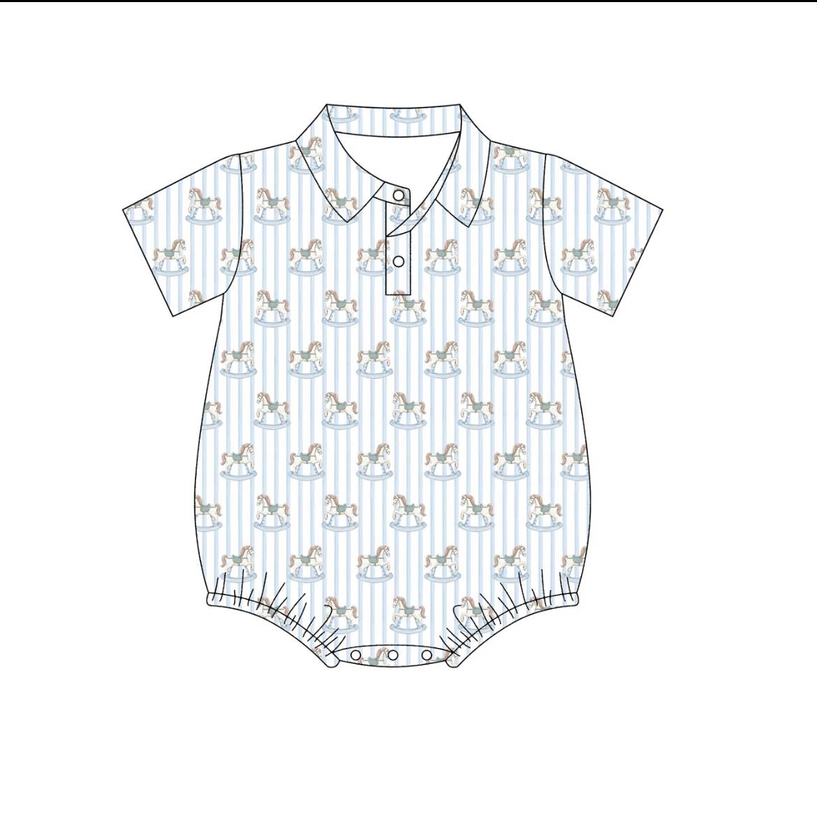 A baby short-sleeve romper with a polo collar, featuring a repeating pattern of rocking horses on a white background with light blue vertical stripes.