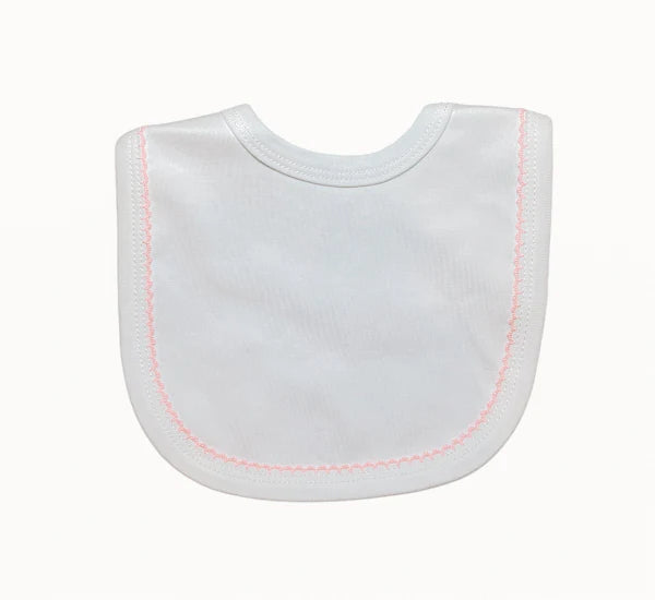 White baby bib with pink stitching