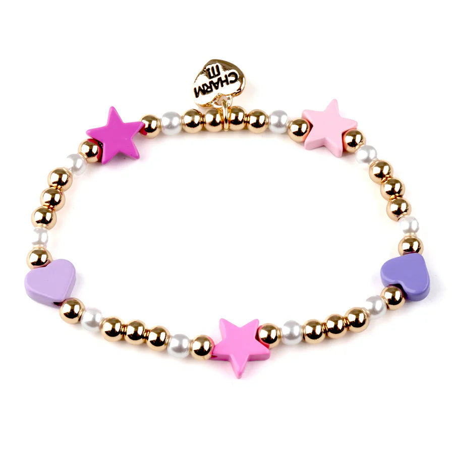 gold beaded bracelet with pink and purple hearts and stars.