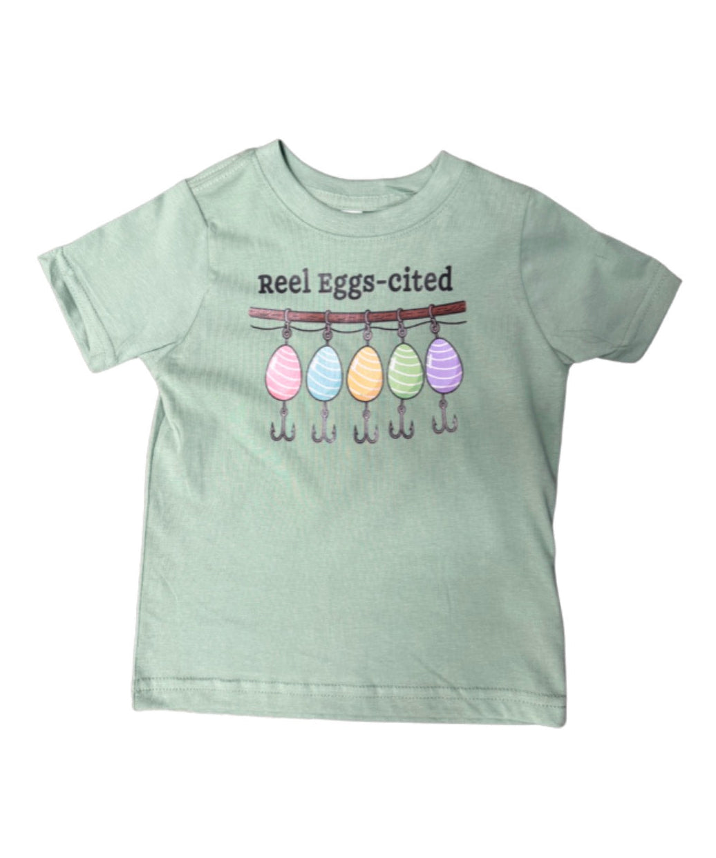 Light green t-shirt with 'Reel Eggs-cited' text and fishing lure graphic