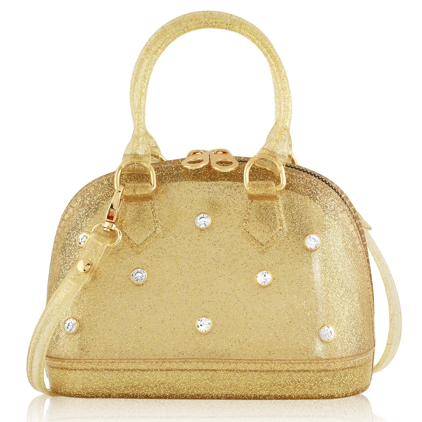 Gold glitter handbag with crystal embellishments
