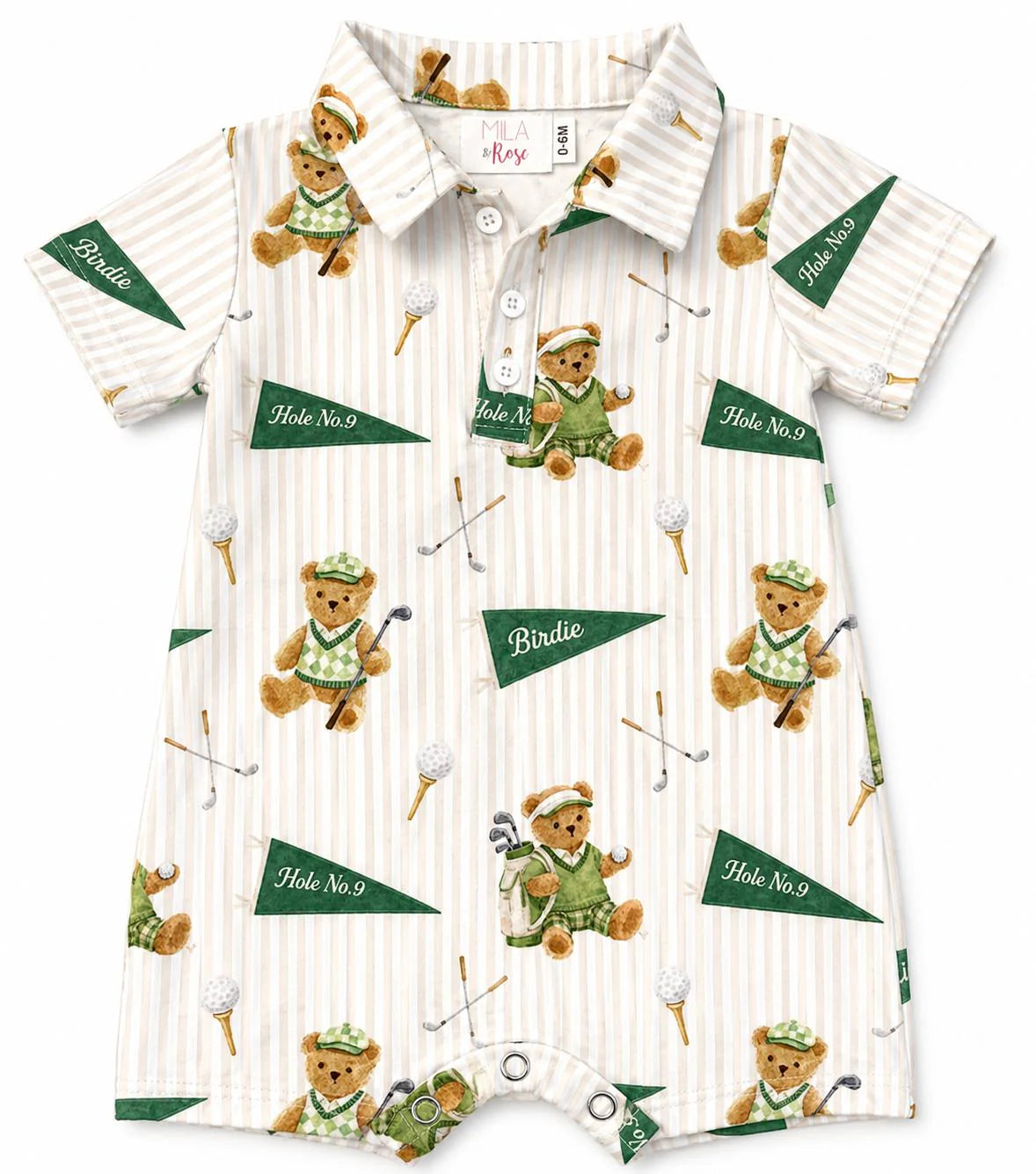 Shirt with teddy bear and golf-themed design.
