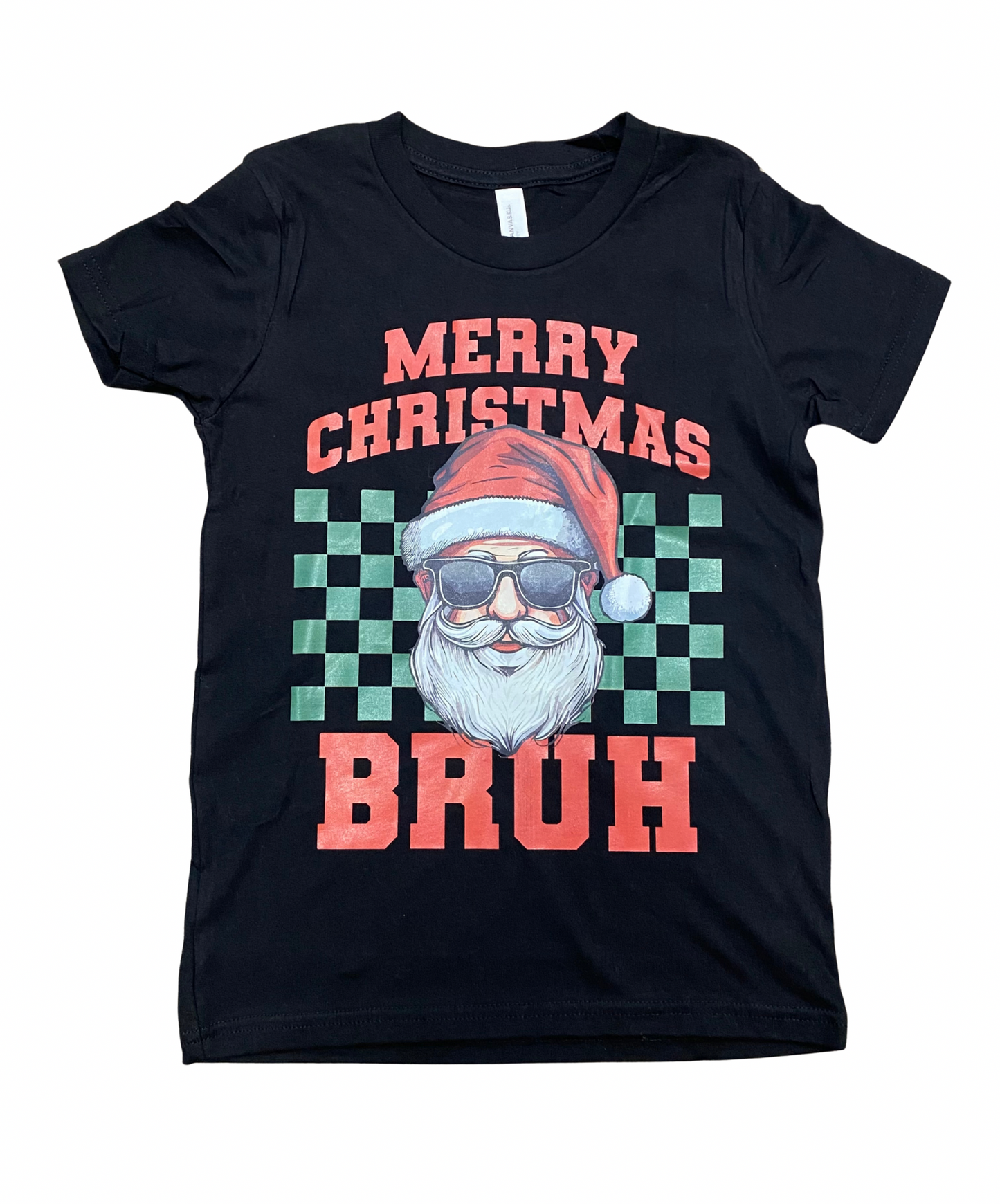 Black t-shirt with Santa Claus graphic and 'Merry Christmas Bruh' text