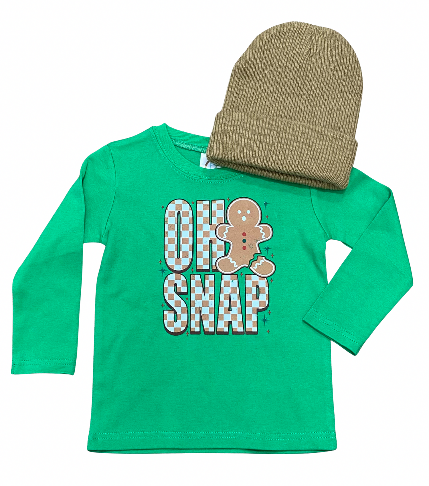 Green long-sleeve shirt with 'Oh Snap' and gingerbread man design