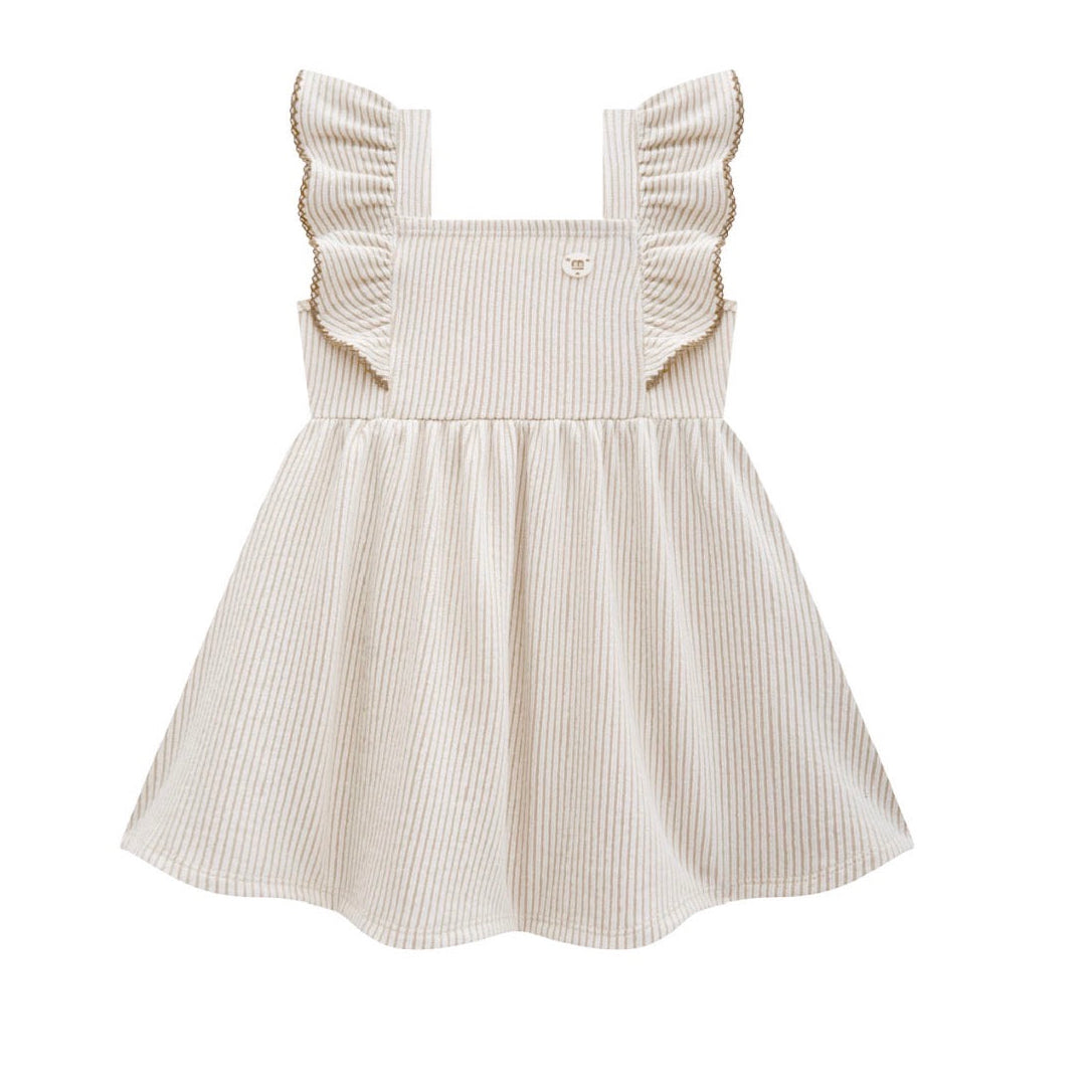 White and beige striped dress with ruffled sleeves