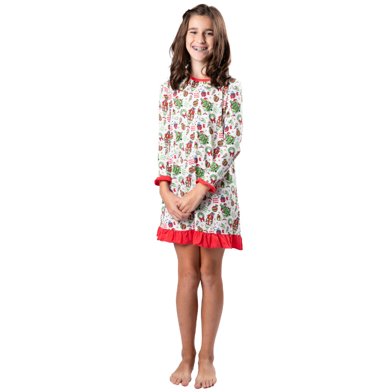 Christmas themes nightgown with a red ruffle