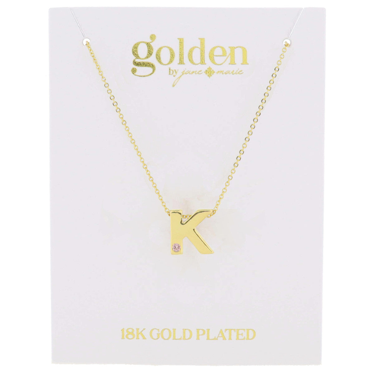 18K Gold Plated Thick Block Initial with Mini Light Pink Crystal Accent Necklace