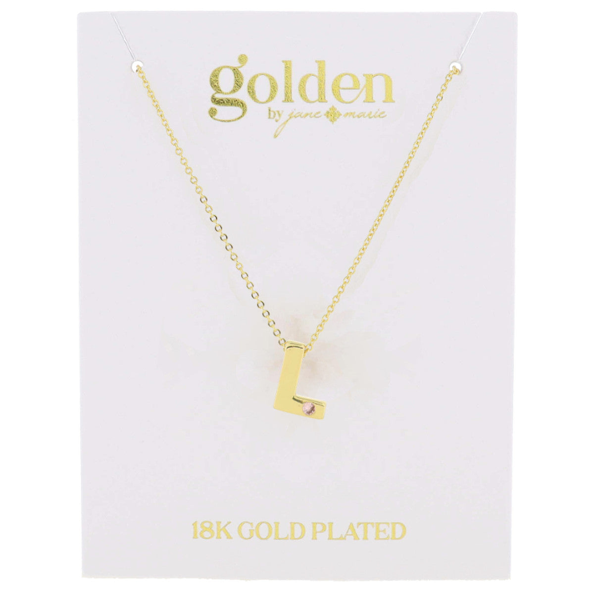 18K Gold Plated Thick Block Initial with Mini Light Pink Crystal Accent Necklace